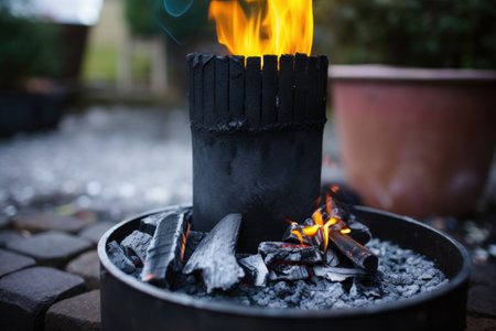 charcoals heated in a chimney starter placed on a concrete surface, created with generative aiの素材