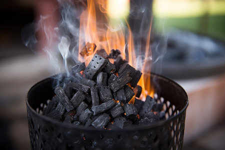 sparking charcoals in a tall chimney starter, created with generative aiの素材