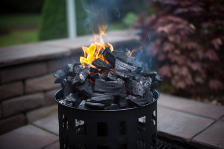 outdoor shot of charcoals ablaze in a chimney starter, created with generative aiの素材