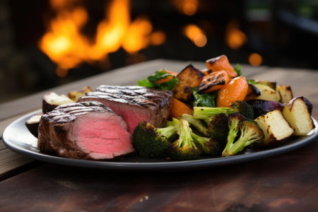 medium-rare steak on a bed of grilled vegetables, created with generative aiの素材