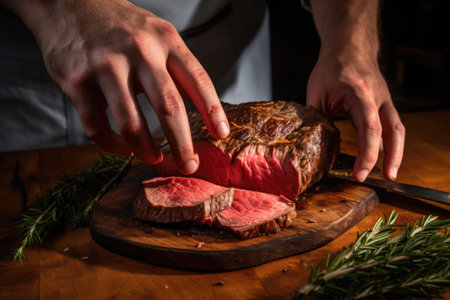 hands holding a cut open steak revealing a medium-rare cook, created with generative aiの素材