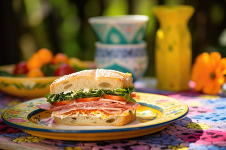 sandwich placed on a colorful ceramic plate on a garden table, created with generative aiの素材