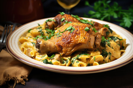 cooked chicken thigh in a creamy pasta dish, created with generative aiの素材