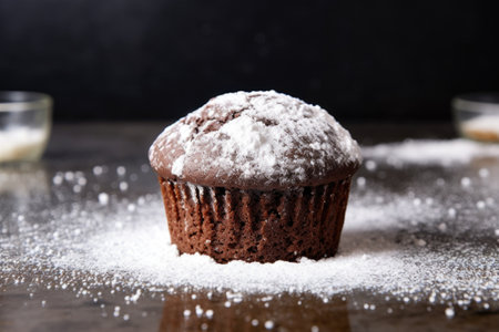 single chocolate muffin with a dusting of powdered sugar, created with generative aiの素材