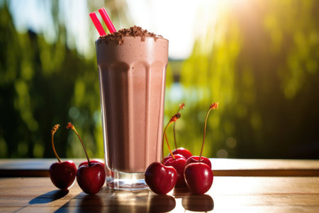 tall chocolate milkshake with a cherry topping under sunlight, created with generative aiの素材