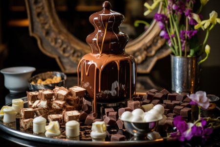 chocolate fountain with marshmallows for dipping, created with generative aiの素材