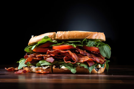 high contrast image of a blt sandwich on a dark table, created with generative aiの素材