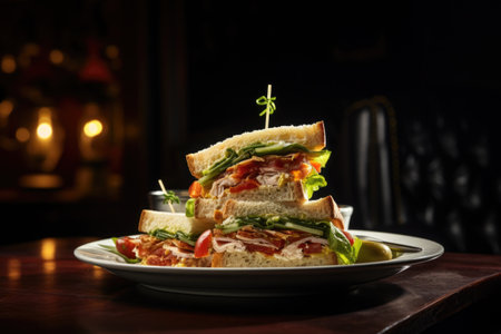 image of a clubhouse sandwich shot under dramatic lighting, created with generative aiの素材