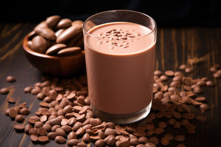 chocolate milk in a glass surrounded by raw cacao beans, created with generative aiの素材