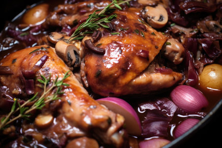detailed view of coq au vin sauce texture, created with generative aiの素材
