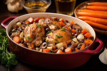 pieces of chicken coq au vin with mushrooms and carrots, created with generative aiの素材