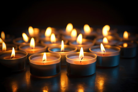 votive candles glowing softly in dark room, created with generative aiの素材
