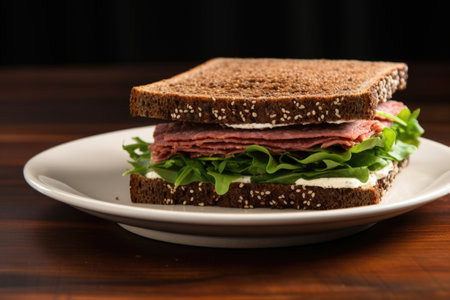 irrigation shot of a corned beef sandwich on rye bread, created with generative aiの素材