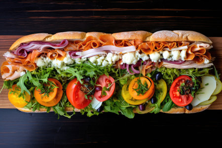 birds eye view of a submarine sandwich with various deli meats and cheeses, created with generative aiの素材