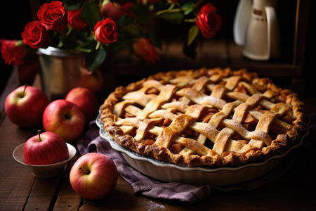 rustic apple pie with lattice crust on a table, created with generative aiの素材