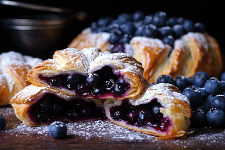 blueberries overflowing from a flaky tart, created with generative aiの素材