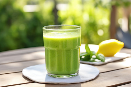 homemade detox smoothie placed on an outdoor table, created with generative aiの素材