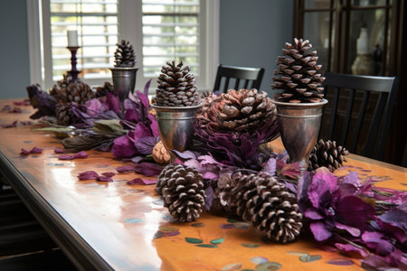 painted pine cones centerpiece on a dining table, created with generative aiの素材