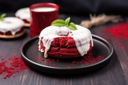 red velvet donut with white frosting on a slate plate, created with generative aiの素材