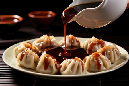 pouring sauce onto a plate of dumplings, created with generative aiの素材