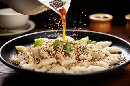 sprinkling sesame seeds over a dish of dumplings, created with generative aiの素材
