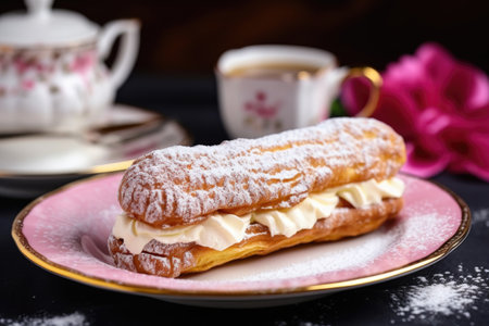 eclair with a powdered sugar dusting on a pink plate, created with generative aiの素材