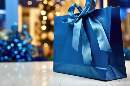 close-up of blue gift bag with tissue paper peeking out, created with generative aiの素材