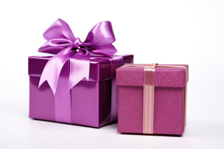 close-up of gift box with shiny bow and tag on white background, created with generative aiの素材