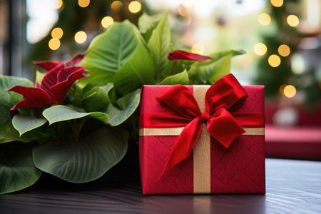 a wrapped gift box placed next to a festive plant, created with generative aiの素材