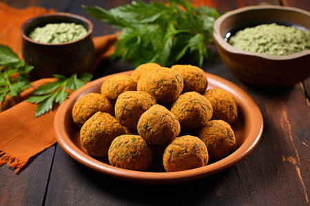 freshly made falafel balls on a terracotta colored clay plate, created with generative aiの素材