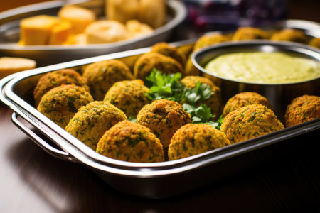 tray of falafel ready to be served at a take-out, created with generative aiの素材