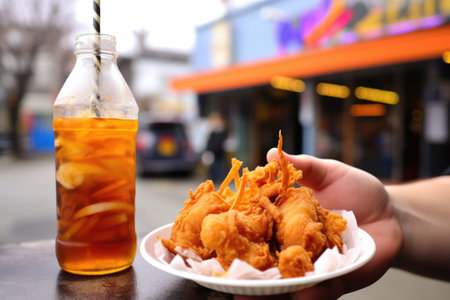 holding a bottled soda with fish and chips in the background, created with generative aiの素材
