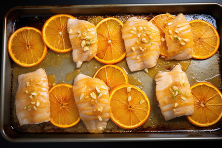 fish basted with citrus glaze on baking sheet, created with generative aiの素材