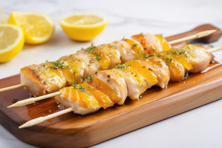 citrus glazed fish skewered on wooden stick, on marbled surface, created with generative aiの素材