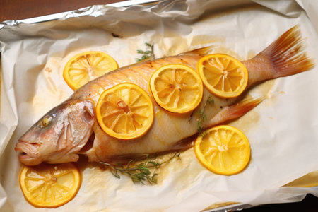 golden-brown fish on baking paper, citrus glaze shining, created with generative aiの素材