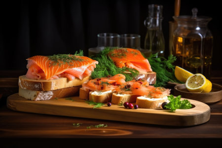 sandwich with smoked fish on wooden tray, created with generative aiの素材
