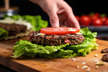 hand placing lettuce on grilled burger patty, created with generative aiの素材