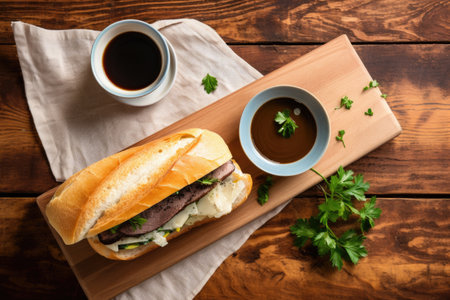 top view of a french dip sandwich on a rustic wooden table, created with generative aiの素材