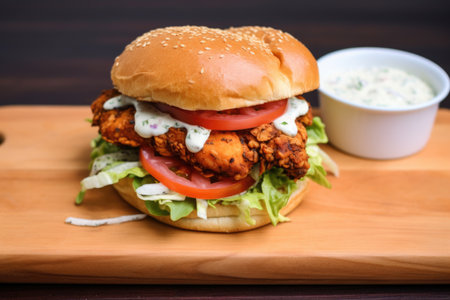 overhead shot of a fried chicken sandwich on a board, created with generative aiの素材