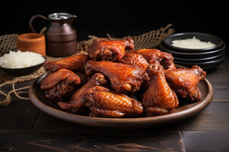 fried chicken wings dipped in barbecue sauce on a ceramic plate, created with generative aiの素材