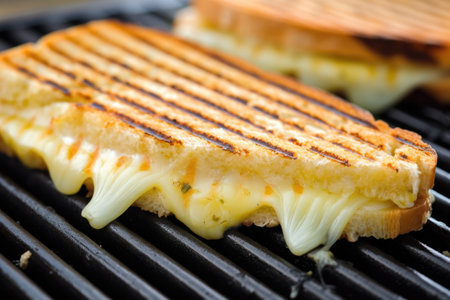 close-up of the grill marks on a cheese sandwich, created with generative aiの素材