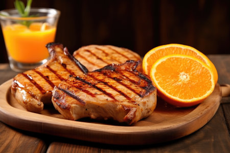 freshly grilled pork chops with orange slices on wooden table, created with generative aiの素材