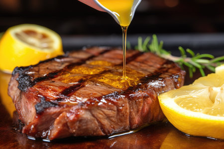 squeezing a lemon wedge over grilled porterhouse steak, created with generative aiの素材