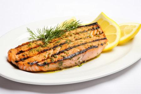a grilled salmon steak garnished with lemon and herbs on a white plate, created with generative aiの素材