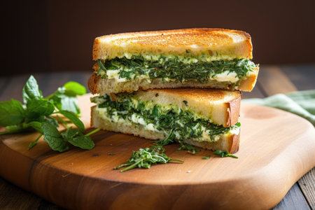 grilled spinach and feta sandwich pressured by a brick, created with generative aiの素材