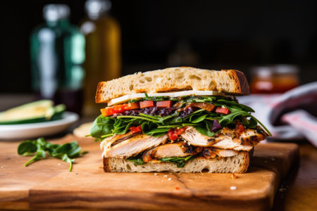 whole-wheat sandwich with turkey grilled under brick weight, created with generative aiの素材