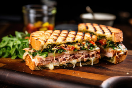 deli meat grilled sandwich under pressure with a clean brick, created with generative aiの素材