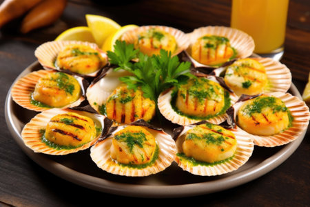 platter of grilled scallops being garnished with parsley, created with generative aiの素材