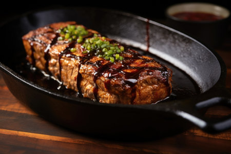grilled seitan steak basted with sauce, sizzling and hot, created with generative aiの素材