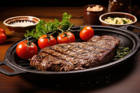 sizzling sirloin steak on a ceramic plate, created with generative aiの素材
